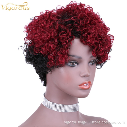 Vigorous Top Quality Ombre Black Roots To Red Afro Kinky Curly Wigs for Black Women Short Side Part Human Hair Wholesale Price